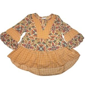 DR2 Womens Orange Floral Patchwork Sheer Bell Sleeve Tunic Top Blouse Small Boho